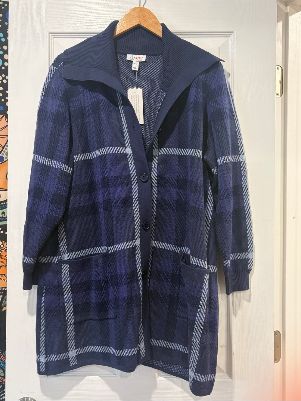 Denim&Co Navy and Light Blue Plaid Button-Front Cardigan